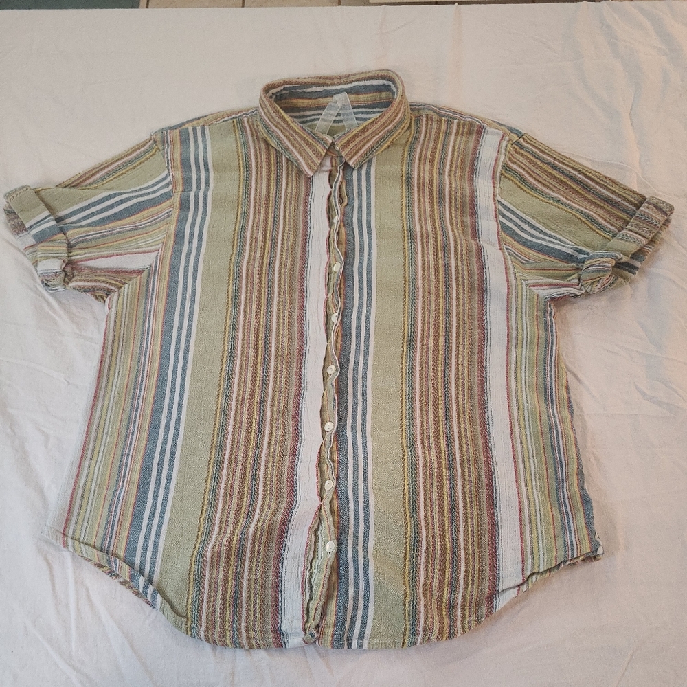 Banjara Woman BoHo Style Button Up Collared Short Sleeve Size M multicolor